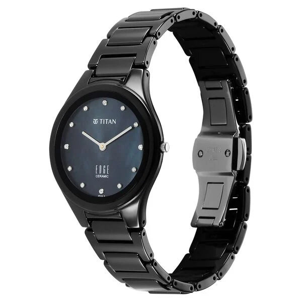 Titan Edge Ceramic Quartz in Glossy Black with Diamonds and Rich Mother of Pearl Dial Watch for Women NU2653NC02