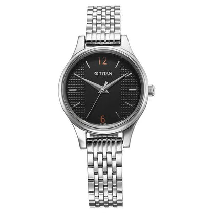 Titan Karishma Quartz Analog Black Dial Silver Stainless Steel Strap Watch For Women nu2679sm02