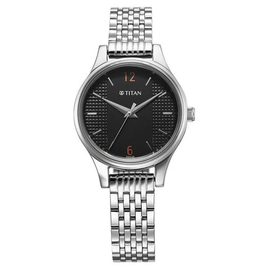 Titan Karishma Quartz Analog Black Dial Silver Stainless Steel Strap Watch For Women nu2679sm02