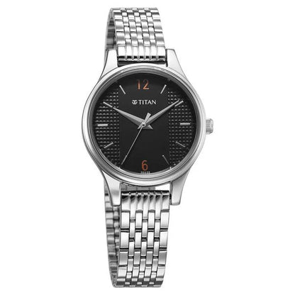 Titan Karishma Quartz Analog Black Dial Silver Stainless Steel Strap Watch For Women nu2679sm02