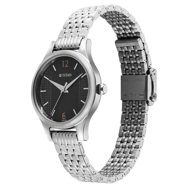 Titan Karishma Quartz Analog Black Dial Silver Stainless Steel Strap Watch For Women nu2679sm02