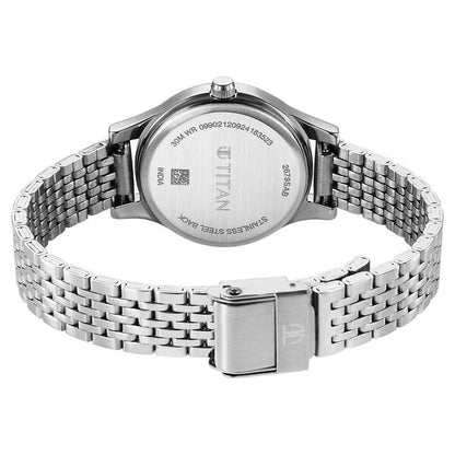 Titan Karishma Quartz Analog Black Dial Silver Stainless Steel Strap Watch For Women nu2679sm02