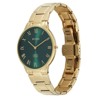 Titan Edge Gleam Quartz Analog Green Dial Golden Stainless Steel Strap Watch For Women