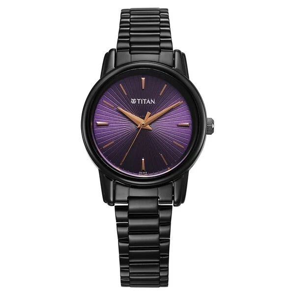 Titan Karishma Quartz Analog Purple Dial Black Stainless Steel Strap Watch For Women nu2760nm01