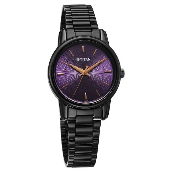 Titan Karishma Quartz Analog Purple Dial Black Stainless Steel Strap Watch For Women nu2760nm01