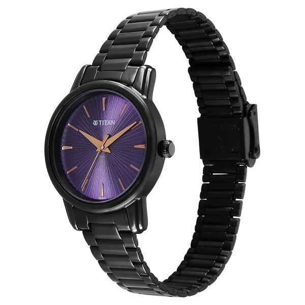 Titan Karishma Quartz Analog Purple Dial Black Stainless Steel Strap Watch For Women nu2760nm01
