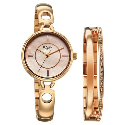 Titan Raga Contempore Quartz Analog Rose Gold Mother Of Pearl Dial Metal Strap Watch For Women nu2774wm01f