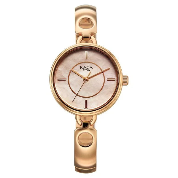 Titan Raga Contempore Quartz Analog Rose Gold Mother Of Pearl Dial Metal Strap Watch For Women nu2774wm01f
