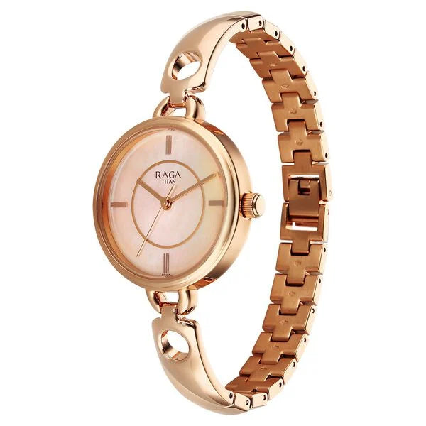 Titan Raga Contempore Quartz Analog Rose Gold Mother Of Pearl Dial Metal Strap Watch For Women nu2774wm01f