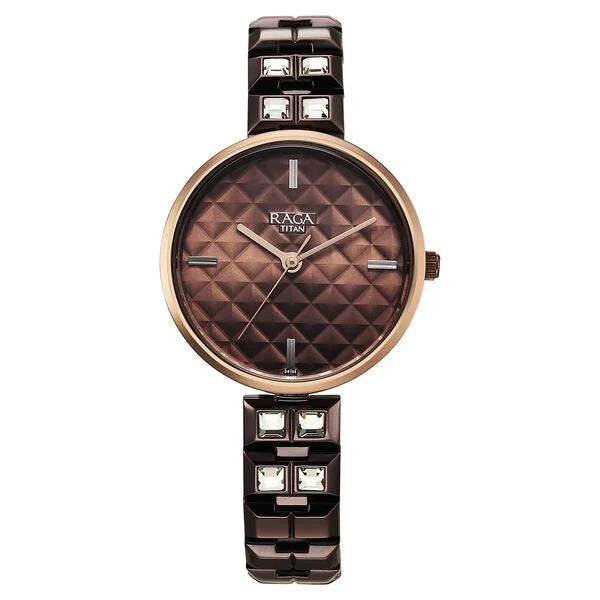 Titan Raga Contempore Quartz Analog Brown Dial Metal Strap Watch For Women 2775qm01f