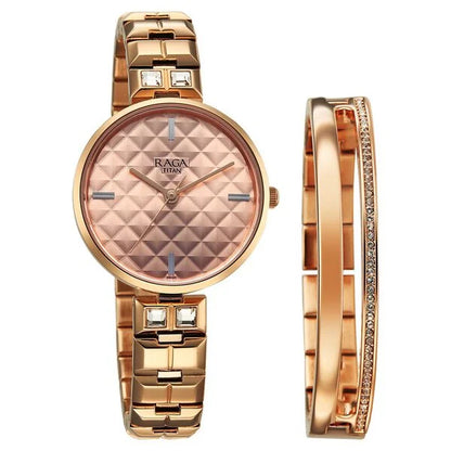 Titan Raga Contempore Quartz Analog Rose Gold Dial Metal Strap Watch For Women nu2775wm01f