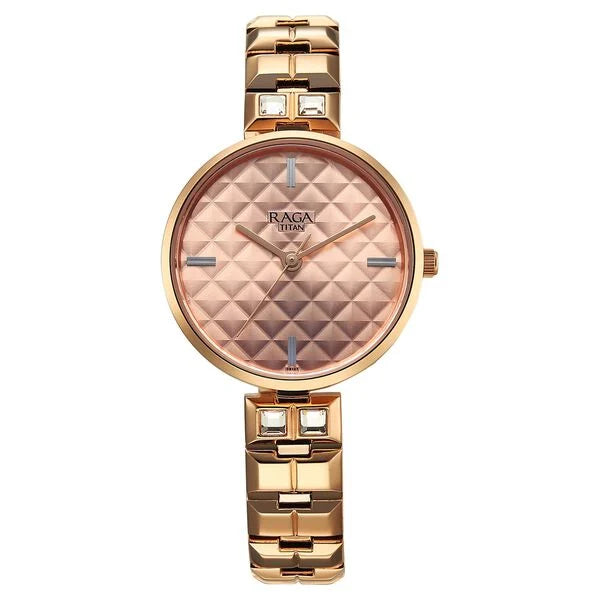 Titan Raga Contempore Quartz Analog Rose Gold Dial Metal Strap Watch For Women nu2775wm01f