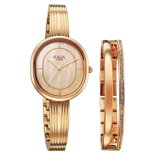 5 / 5 similar products share Raga Titan Raga Contempore Quartz Analog Rose Gold Mother Of Pearl Dial Metal Strap Watch For Women nu2776wm01f