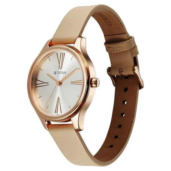 Titan Neo Quartz Analog Silver Dial Beige Leather Strap Watch For Women nu2781wl03