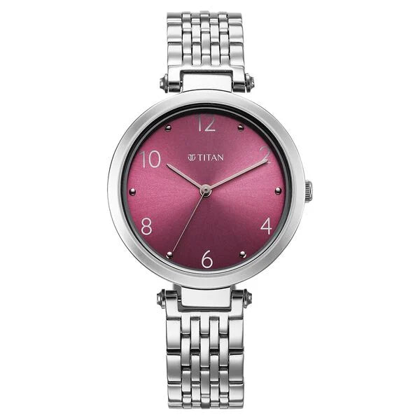 Titan Workwear Quartz Analog Purple Dial Silver Colour Metal Strap Watch For Women nu2783sm01