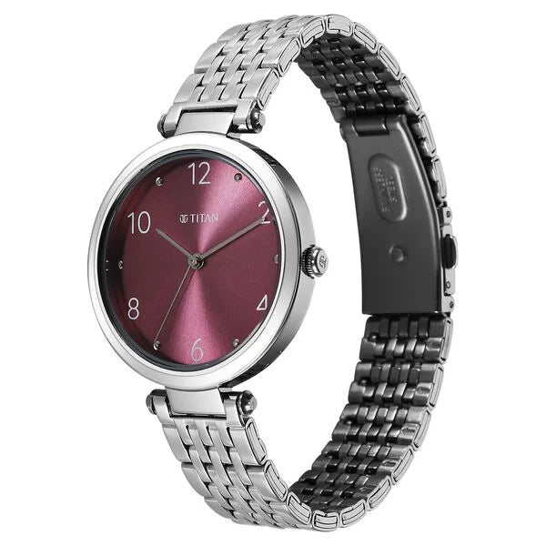 Titan Workwear Quartz Analog Purple Dial Silver Colour Metal Strap Watch For Women nu2783sm01