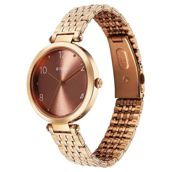 Titan Workwear Quartz Analog Brown Dial Rose Gold Colour Stainless Steel Strap Watch For Women nu2783wm01