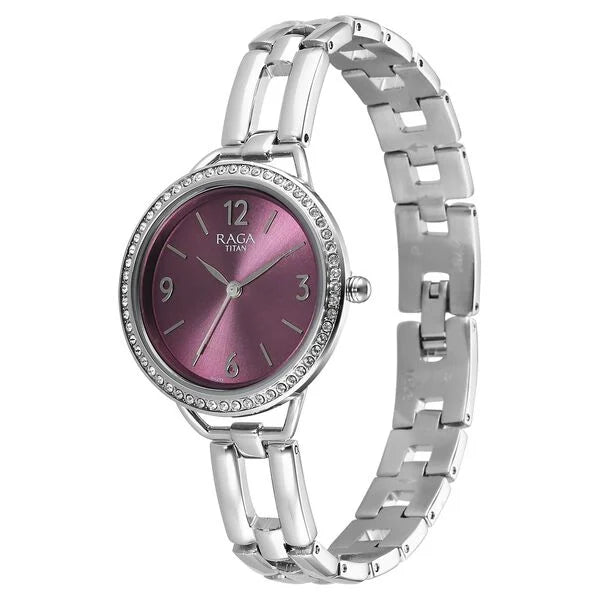 Titan Raga DEC Blaze Quartz Analog Purple Dial Silver Metal Strap Watch For Women 2791sm01