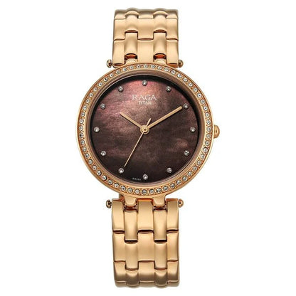 Titan Raga DEC Blaze Quartz Analog Brown Mother Of Pearl Dial Rose Gold Metal Strap Watch For Women 2793WM01