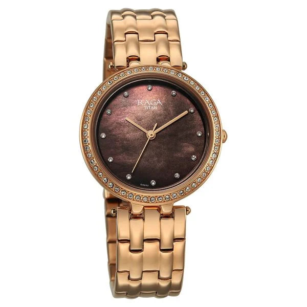 Titan Raga DEC Blaze Quartz Analog Brown Mother Of Pearl Dial Rose Gold Metal Strap Watch For Women 2793WM01