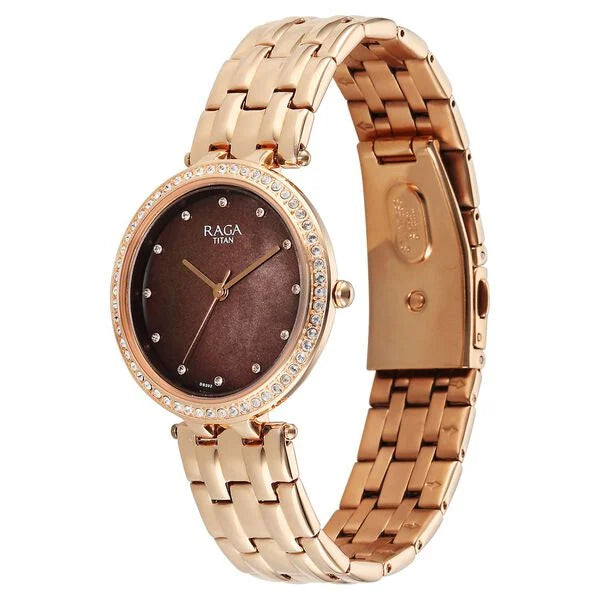 Titan Raga DEC Blaze Quartz Analog Brown Mother Of Pearl Dial Rose Gold Metal Strap Watch For Women 2793WM01