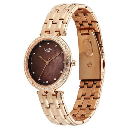 Titan Raga DEC Blaze Quartz Analog Brown Mother Of Pearl Dial Rose Gold Metal Strap Watch For Women 2793WM01