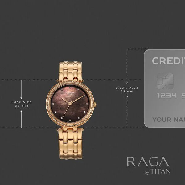 Titan Raga DEC Blaze Quartz Analog Brown Mother Of Pearl Dial Rose Gold Metal Strap Watch For Women 2793WM01