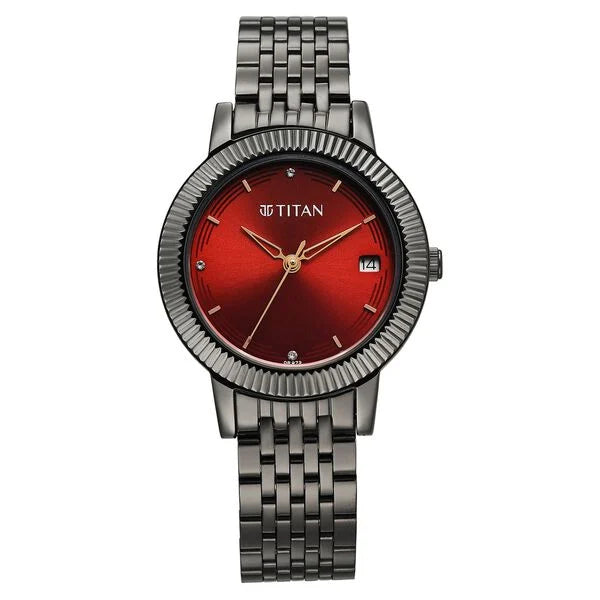 Titan Titan Karishma Quartz Analog Red Dial Grey Stainless Steel Strap Watch For Women nu2968qm01