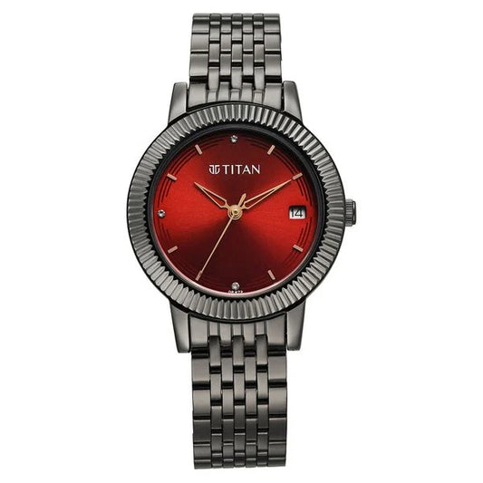 Titan Titan Karishma Quartz Analog Red Dial Grey Stainless Steel Strap Watch For Women nu2968qm01