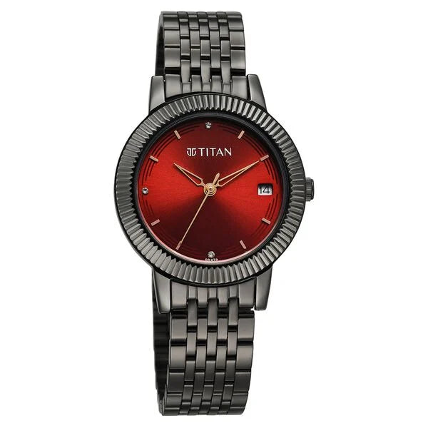 Titan Titan Karishma Quartz Analog Red Dial Grey Stainless Steel Strap Watch For Women nu2968qm01