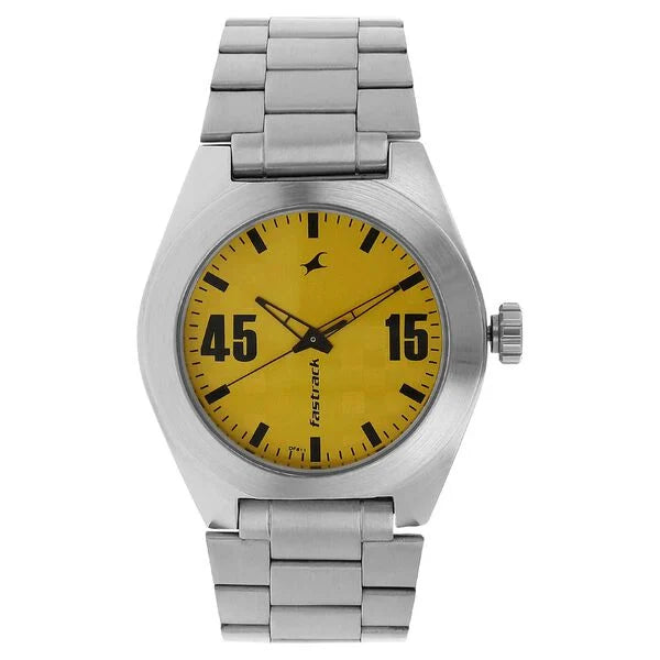 Fastrack Checkmate Quartz Analog Yellow Dial Stainless Steel Strap Watch for Guys NK3110SM04