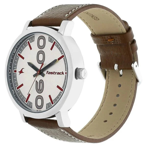 Fastrack Bold Quartz Analog White Dial Leather Strap Watch for Guys NN38052SL07