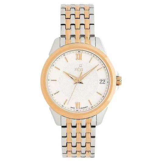 Xylys Swiss Analog with Date Two Toned Stainless Steel Strap White Dial Watch for Women nt45012km01e