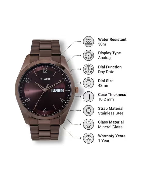 Timex Men Brown Round Analog Brass Dial Watch- TWTG10406