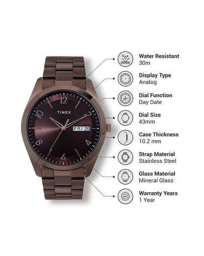 Timex Men Brown Round Analog Brass Dial Watch- TWTG10406