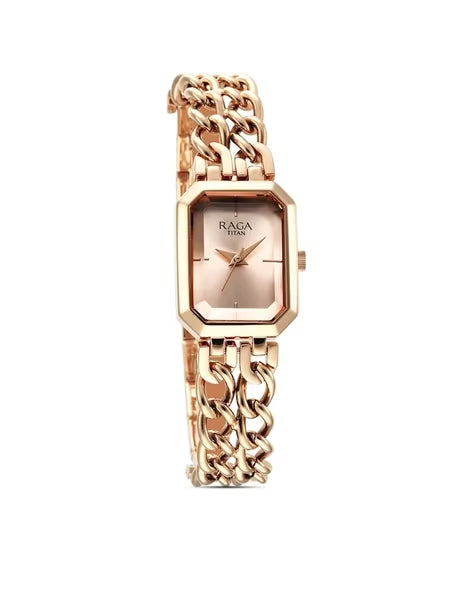 Titan Raga Showstopper Quartz Analog Rose Gold Dial Rose Gold Metal Strap Rectangular Shaped Watch For Women nu95283wm01