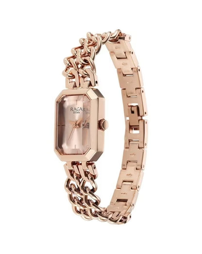 Titan Raga Showstopper Quartz Analog Rose Gold Dial Rose Gold Metal Strap Rectangular Shaped Watch For Women nu95283wm01