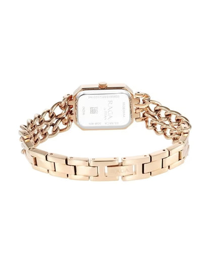Titan Raga Showstopper Quartz Analog Rose Gold Dial Rose Gold Metal Strap Rectangular Shaped Watch For Women nu95283wm01