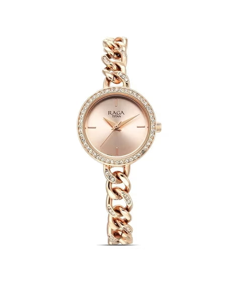 Titan Raga Showstopper Quartz Analog Rose Gold Round Dial Rose Gold Metal Strap Watch For Women nu95288wm01