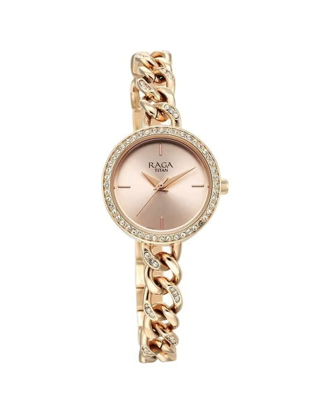 Titan Raga Showstopper Quartz Analog Rose Gold Round Dial Rose Gold Metal Strap Watch For Women nu95288wm01