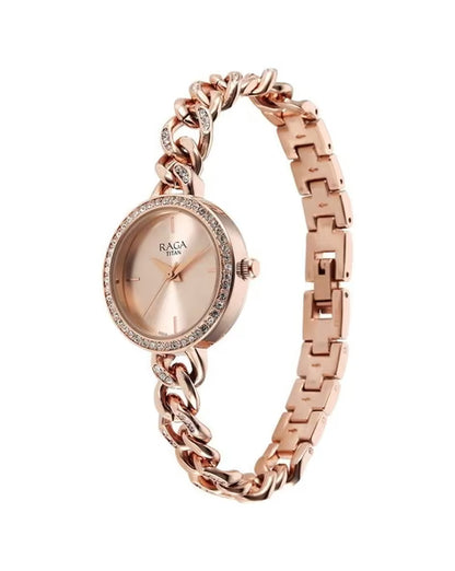 Titan Raga Showstopper Quartz Analog Rose Gold Round Dial Rose Gold Metal Strap Watch For Women nu95288wm01