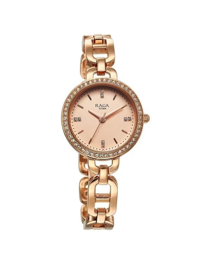 Titan Raga Showstopper Quartz Analog Rose Gold Dial Metal Strap Watch For Women nu95305wm01