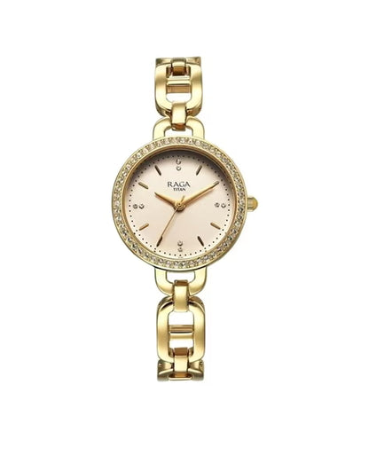 Titan Raga Showstopper Quartz Analog Golden Dial Metal Strap Watch For Women nu95305ym01