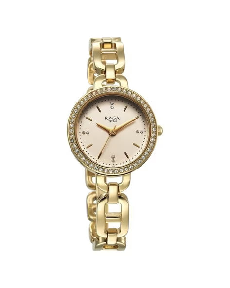 Titan Raga Showstopper Quartz Analog Golden Dial Metal Strap Watch For Women nu95305ym01