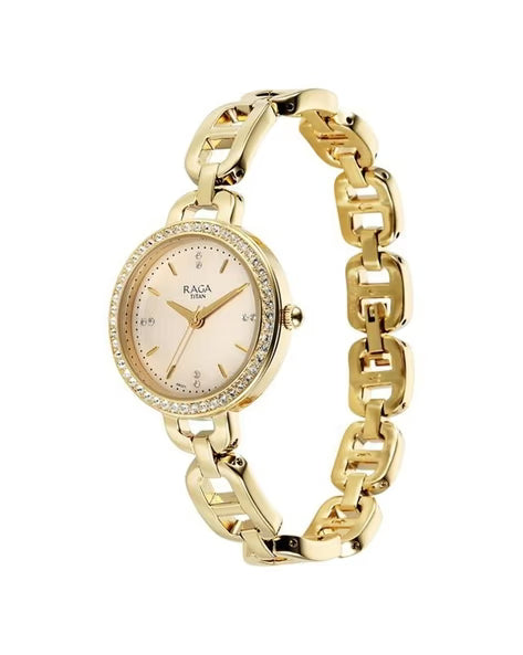 Titan Raga Showstopper Quartz Analog Golden Dial Metal Strap Watch For Women nu95305ym01