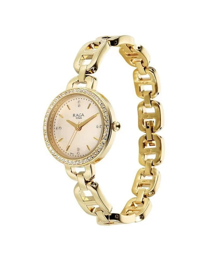 Titan Raga Showstopper Quartz Analog Golden Dial Metal Strap Watch For Women nu95305ym01