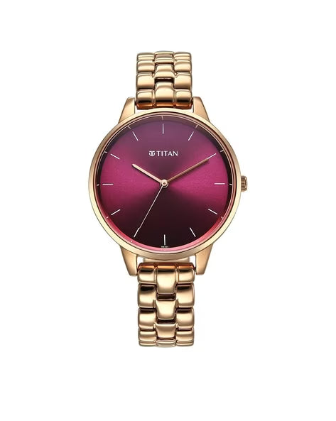 Titan Neo Quartz Analog Maroon Dial Rose Gold Metal Strap Watch For Women nu2648wm11