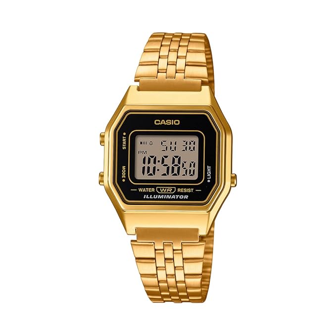 Casio Vintage LA680WGA-1DF Digital Black Dial Women Watch Gold Stainless Steel Strap (D344)