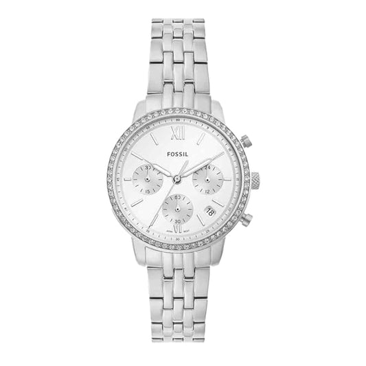 Fossil Womens 36 mm Neutra Silver Dial Stainless Steel Chronograph Watch - ES5217I