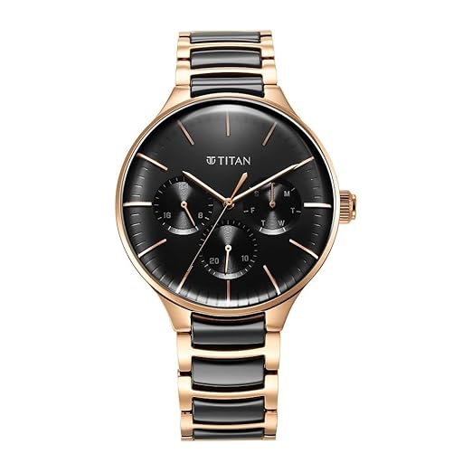 Titan Ceramic Fusion Quartz Multifunction Black Dial Two Toned Rose Gold and Black Stainless Steel Bracelet Watch for Men - NT90148KD03